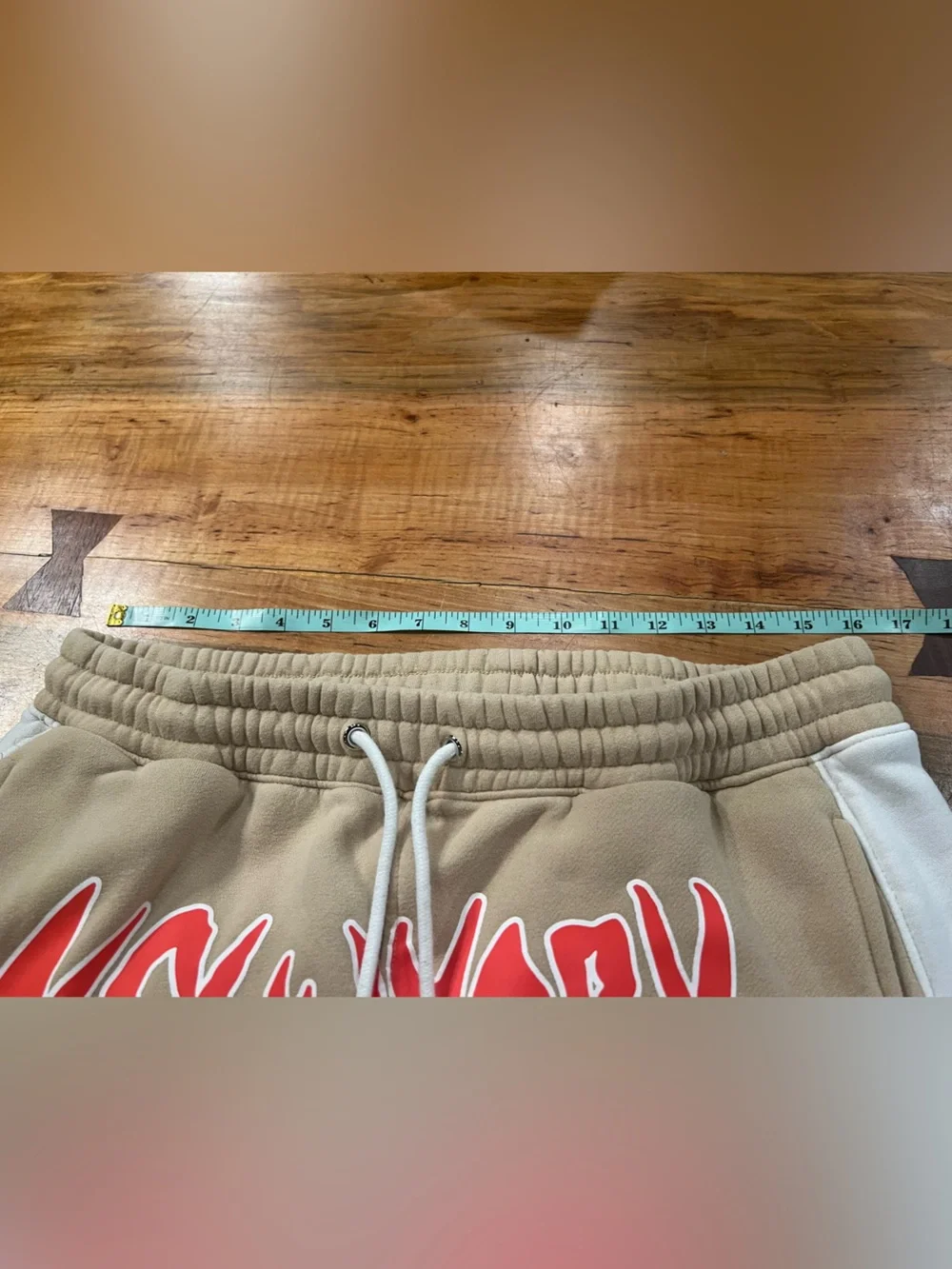 Fashion Nova Beige Joggers with Red 'New York' Graphic and White Side Stripe